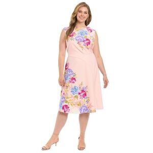 London Times Plus Size Dress Sleeveless Midi Sleeveless Pink Floral 22W Spring